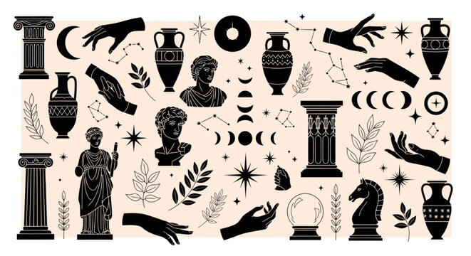 A collection of mystical and ancient Greek-inspired graphic elements including columns, amphorae, busts, hands, celestial bodies, and botanical motifs.
