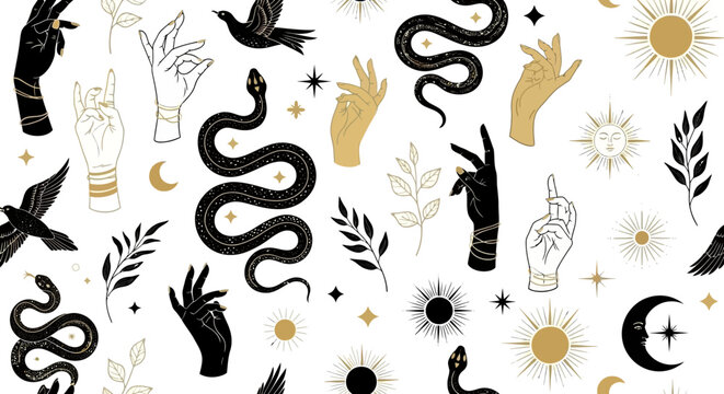 Mystical seamless pattern featuring celestial bodies, occult symbols, and elegant snakes.