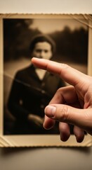 Human finger gently touches a fragile antique photograph depicting a historic portrait