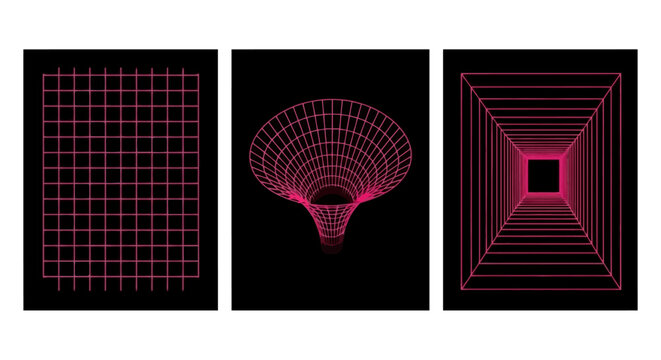 Three abstract geometric wireframe graphics in pink on a black background, featuring a grid, a funnel, and a receding tunnel.