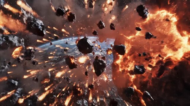 Asteroid Impact on Earth, Cataclysmic Space Collision, Fiery Debris Falling