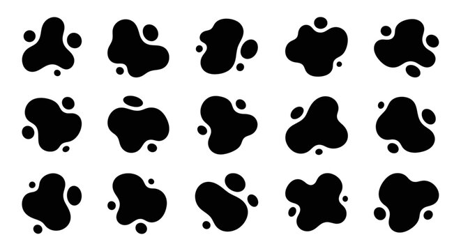 A collection of 15 abstract black blob shapes with small dots, arranged in a 3x5 grid.