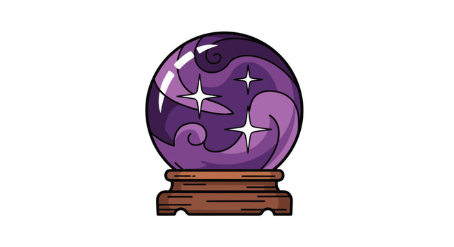 A mystical purple crystal ball with swirling patterns and stars resting on a wooden stand.
