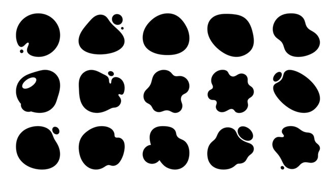 A collection of abstract, blob-like shapes in various irregular forms and sizes, rendered in solid black against a white background.