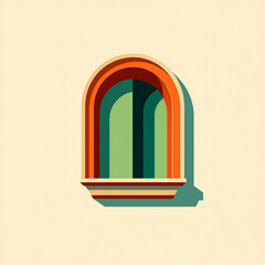 Geometric Icon, flat vector Stylized arched doorway with colorful layered concentric shapes creating a unique architectural visualgraphic element