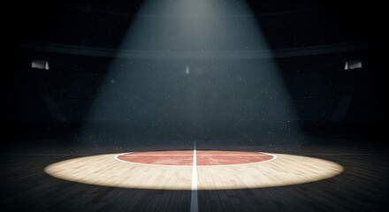 March Madness, Basketball Court Spotlight Empty Arena Dramatic Lighting