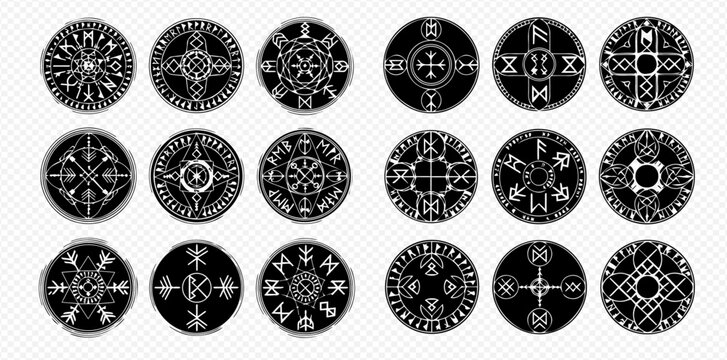 Set of black and white circular runic symbols and magical Viking amulets, isolated on transparent background.