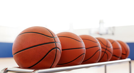 March Madness, Row of Classic Orange Basketballs on Court Rack Ready for Game