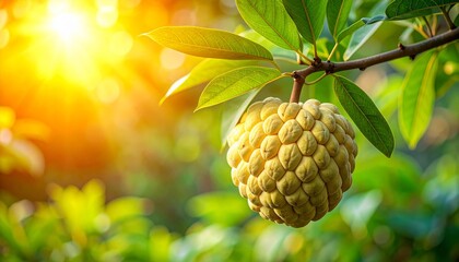 Exotic Custard Apple on Tree Branch with Sunlit Green Leaves in Tropical Garden.