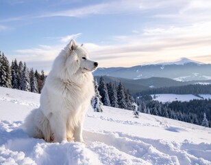 Samoyed dog enjoying sunny winter day in snowy mountain landscape scenic view of white fluffy pet in nature.