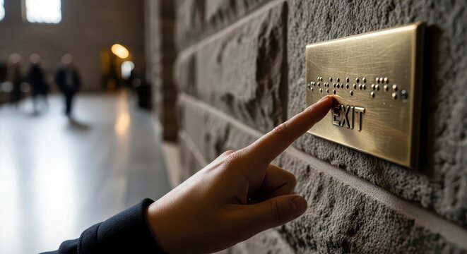 Person touches tactile signage displaying the word exit on a stone wall indoors