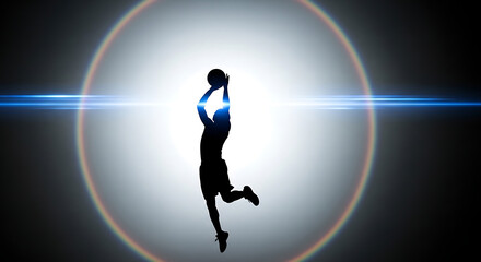 March Madness, Silhouette of a basketball player mid-air shooting the ball with lens flare