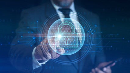 Fototapeta premium Concept of cybersecurity and data protection. Padlock on a futuristic circuit background. internet protect hacker attack. Cyber security protection technology concept. Privacy secure online network.