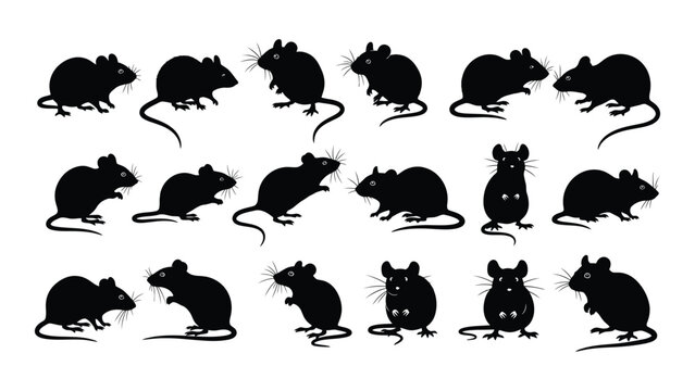 A collection of black and white silhouettes of mice in various poses Vector