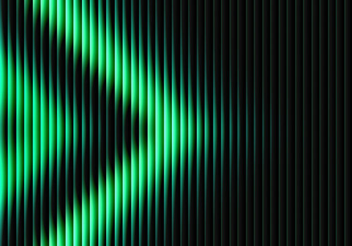 Abstract futuristic background featuring glowing green light beams in a dynamic vertical wave pattern on a black backdrop.