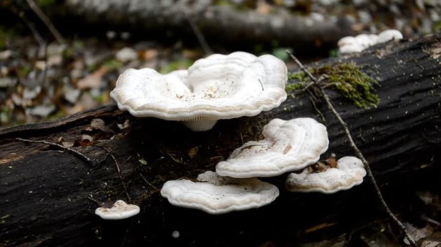 White fungi growing on fallen tree.
