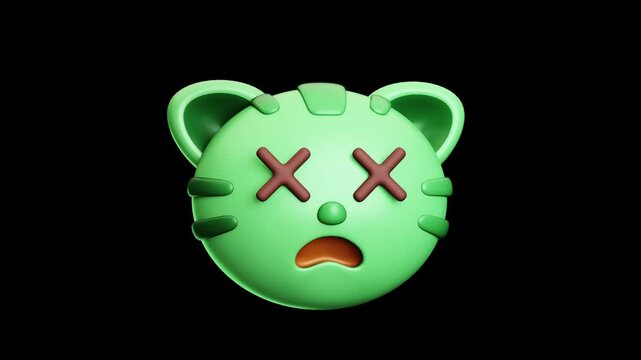 4k Alpha and Seamless Loop Animation of Collapsed Sick Cat Emoji 3D Transparent Video with X Eyes Expression
