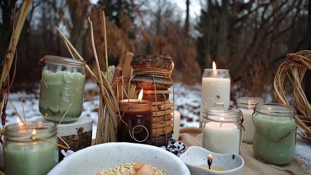Imbolc-inspired outdoor sacred space with candles, natural elements, and seasonal decorations for Celtic celebration and ritual observance