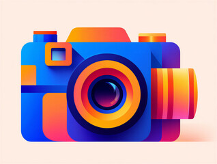 Geometric Icon, flat vector Stylized modern digital camera illustration featuring vibrant gradient colors and geometric shapes on a neutral background