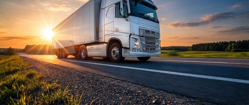 White semi truck driving on a highway at sunset. Heavy cargo vehicle transporting goods on a country road with motion blur. Logistics and delivery concept