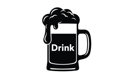 Obraz premium Bold black and white beer mug icon with thick foam overflow and the word drink written across the center of the glass container.