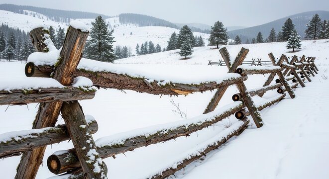 Rustic split rail fence covered with fresh snow extends across a wintry landscape of rolling hills.