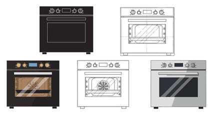 Obraz premium Collection of five kitchen oven icons showing different rendering styles including solid black, line art, and realistic metallic finishes.
