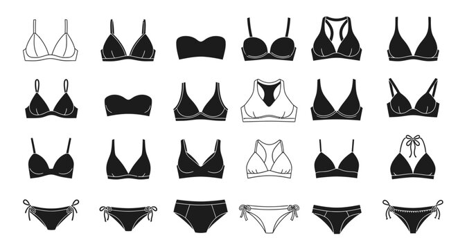 A collection of various bra and bikini bottom styles, presented in a grid format with both outlined and solid black illustrations.