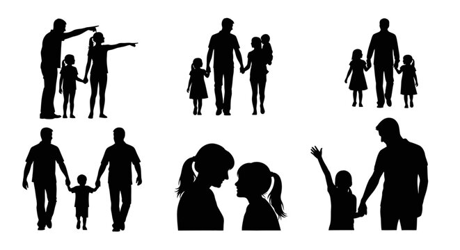 Silhouettes of fathers and daughters in various poses, representing family bonding and childhood.