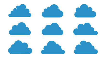 Fototapeta premium A collection of nine stylized blue cloud icons arranged in a 3x3 grid on a white background.