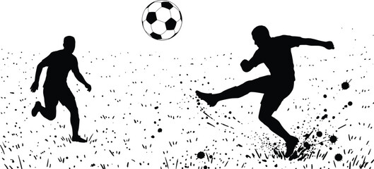 Soccer players silhouette kicking football on field with grass splash effect, sports competition match action illustration isolated on background © Asia