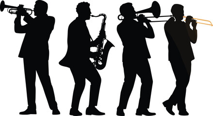 Jazz musicians silhouettes playing trumpet, saxophone and trombone isolated on white background, music band performers collection for concert design vector illustration © MstMuktarinaAkter