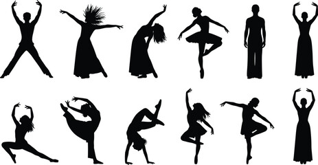 Fototapeta premium Silhouettes of male and female dancers performing contemporary and ballet dance moves, graceful artistic poses, modern dance performance, isolated vector illustration set