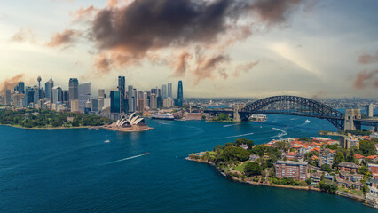 Fototapeta premium 5 February 2026 Aerial View of Sydney Harbour Circular Quay cruise Liner on a nice Summer day beautiful Sky in Sydney NSW Australia