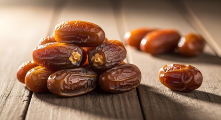 Obraz premium Ramadan fasting and healthy Iftar meals, delicious dates on a rustic wooden table