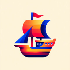 Geometric Icon, flat vector Vibrant stylized sailing ship illustration with colorful striped hull and sails against a plain background