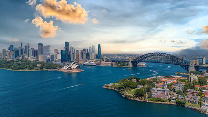 Fototapeta premium 5 February 2026 Aerial View of Sydney Harbour Circular Quay cruise Liner on a nice Summer day beautiful Sky in Sydney NSW Australia