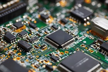 Fototapeta premium Closeup of a circuit board with various electronic components and microchips on a green background