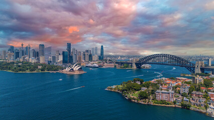 Obraz premium 5 February 2026 Aerial View of Sydney Harbour Circular Quay cruise Liner on a nice Summer day beautiful Sky in Sydney NSW Australia