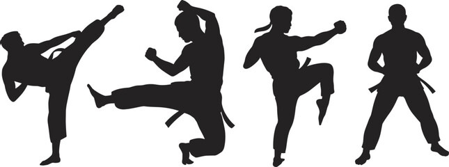 Martial arts silhouette fighters performing karate kicks, combat training poses, self defense sport action, fighting illustration set © MstMuktarinaAkter