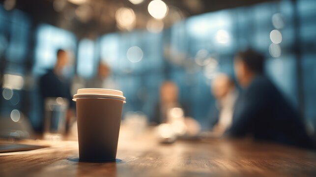 Brown paper coffee cup on wooden table in blurred office background with people sitting