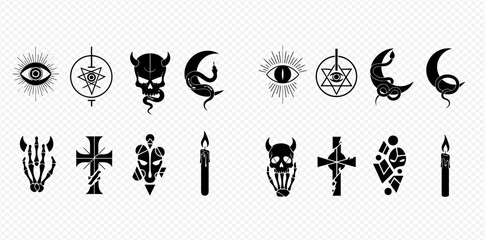 Set of dark gothic icons: all-seeing eye, pentagram, horned skull, crescent moon, skeleton hand, cross, demon, and candle on transparent background. © Adji