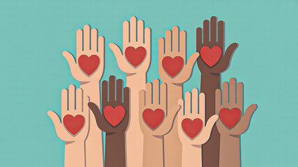Fototapeta premium Diverse Raised Hands with Red Hearts, Unity, Love and Inclusion Concept on Teal Background