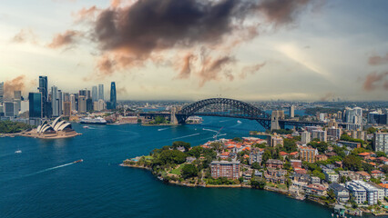 Obraz premium 5 February 2026 Aerial View of Sydney Harbour Circular Quay cruise Liner on a nice Summer day beautiful Sky in Sydney NSW Australia