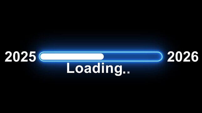 New year 2026 loading bar animation Year changing from 2025 to 2026.Loading bar from 2025 to 2026 new year transfer animation.Advance happy new year. black background.