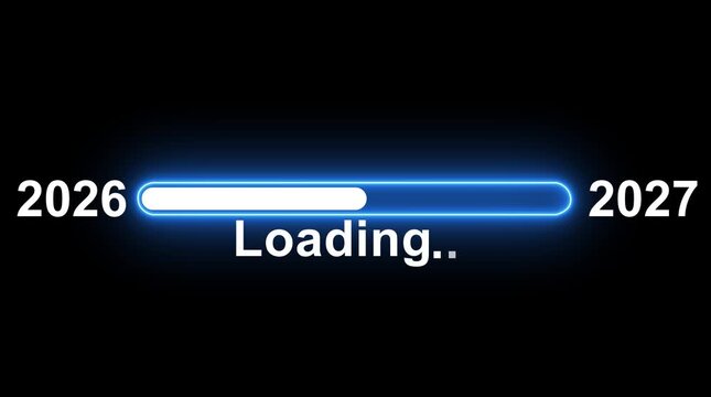 New year 2026 loading bar animation Year changing from 2026 to 2027.Loading bar from 2026 to 2027 new year transfer animation.Advance happy new year.black background.