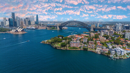 Obraz premium 5 February 2026 Aerial View of Sydney Harbour Circular Quay cruise Liner on a nice Summer day beautiful Sky in Sydney NSW Australia