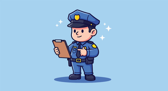 Cartoon Police Officer Writing on Clipboard.