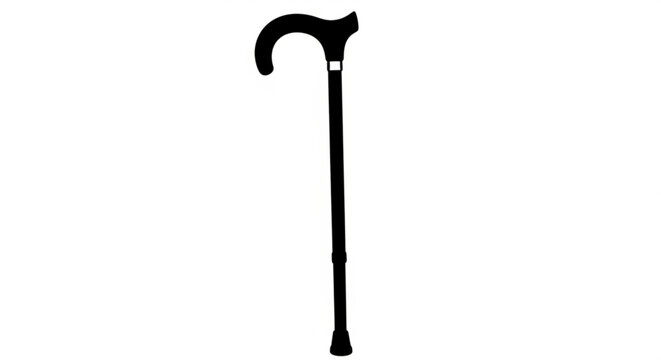 A black walking cane standing upright on its tip against a plain background from a frontal viewpoint