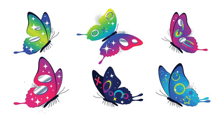 Obraz premium A collection of vibrantly colored stylized butterflies with sparkling details